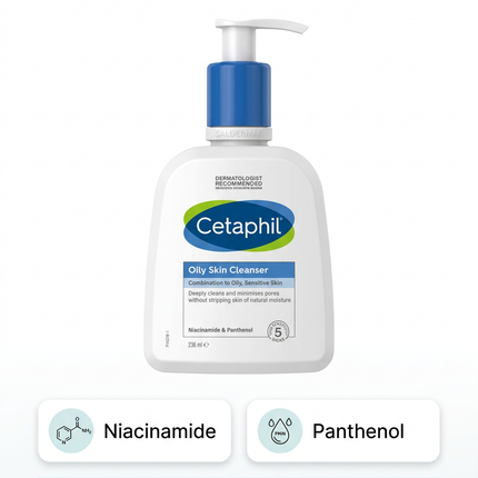 Cetaphil Oily Skin Cleanser niacinamide and panthenol highlights