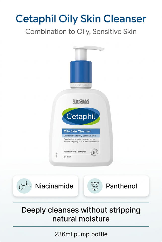 Cetaphil Oily Skin Cleanser niacinamide and panthenol highlights