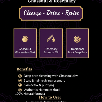Jardin d'Oléane Moroccan Black Soap Ghassoul Rosemary branded infographic