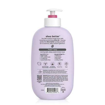 eos Fresh + Cozy pump body lotion back label on white background