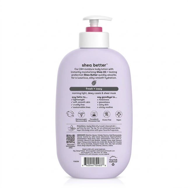 eos Fresh + Cozy pump body lotion back label on white background