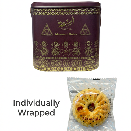 Alsanah Maamoul Dates tin with individually wrapped maamoul