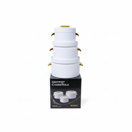 MXIMA white hotpot casserole set with gold handles - 3 pieces stacked on box