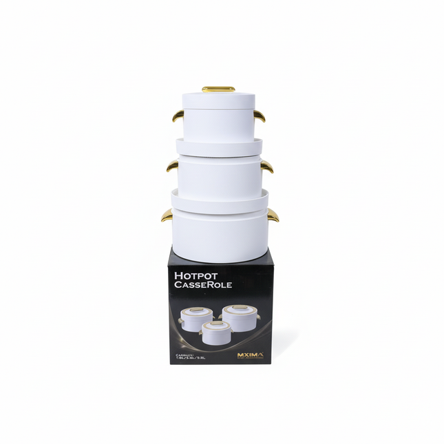 MXIMA white hotpot casserole set with gold handles - 3 pieces stacked on box