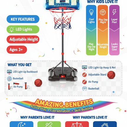 LED basketball hoop benefits and features infographic