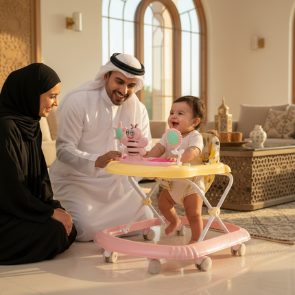 Baby using walker in Qatari home with family