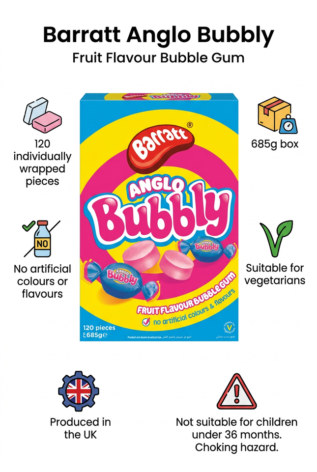 Anglo Bubbly fruit flavour bubble gum pack information