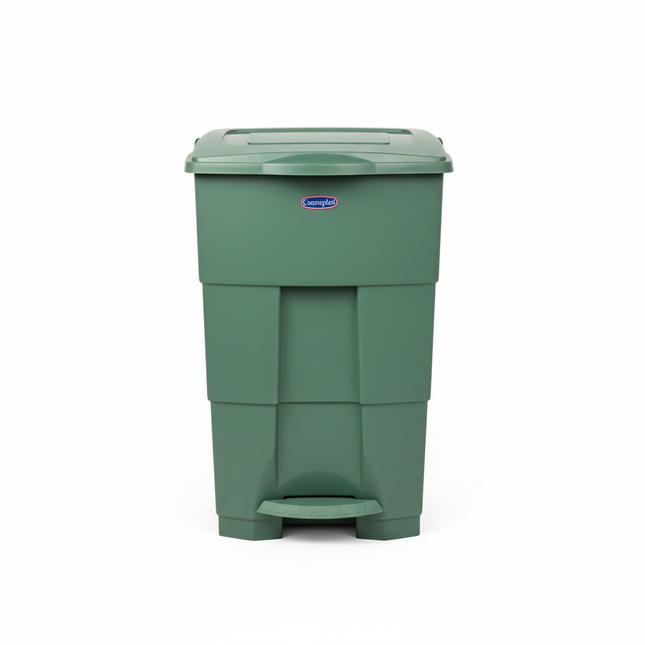 Cosmoplast 45L sage green pedal bin on white background