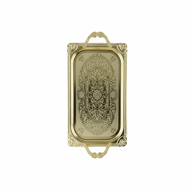 Ornate gold serving tray with decorative handles and engraved pattern