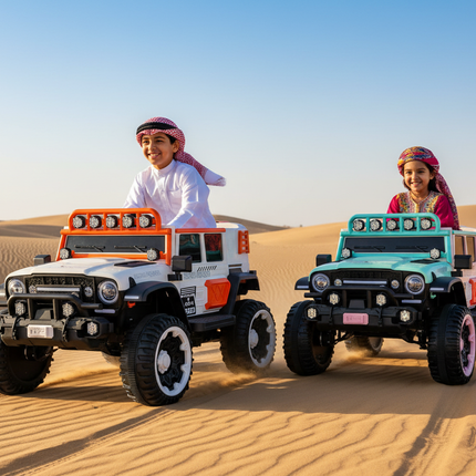 Qatari children driving 12V trucks in desert