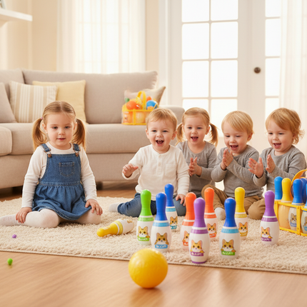 Children playing with colorful bowling set at home
