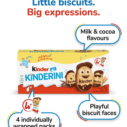 Kinder Kinderini infographic showing flavours, biscuit faces and pack contents