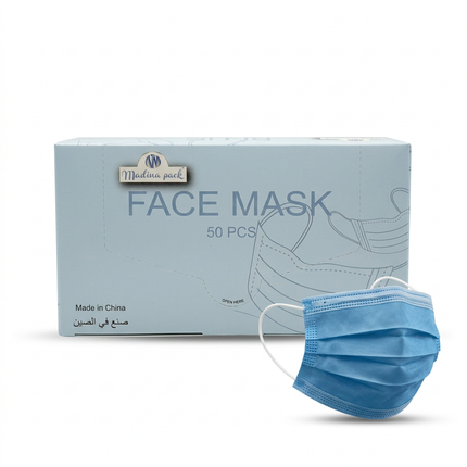 Pale-blue 50-piece mask box with illustrative upright blue mask matching the black-mask image layout