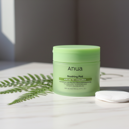 Anua Azelaic 10 Hyaluron Soothing Pad - lifestyle shot on marble with botanicals