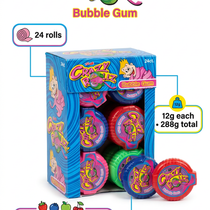 Crazy Rollz 24 rolls 288g fruit bubble gum infographic