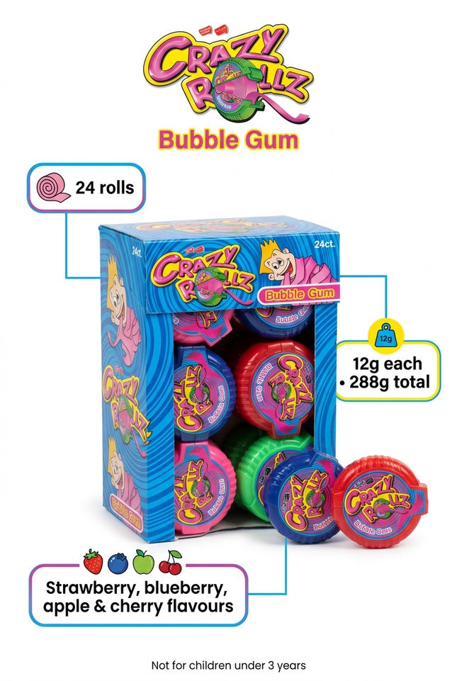 Crazy Rollz 24 rolls 288g fruit bubble gum infographic
