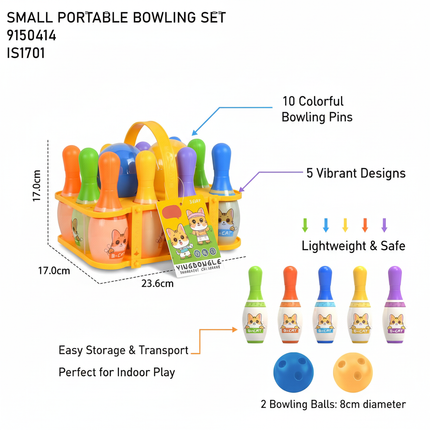 Bowling set features diagram showing pins, balls and basket