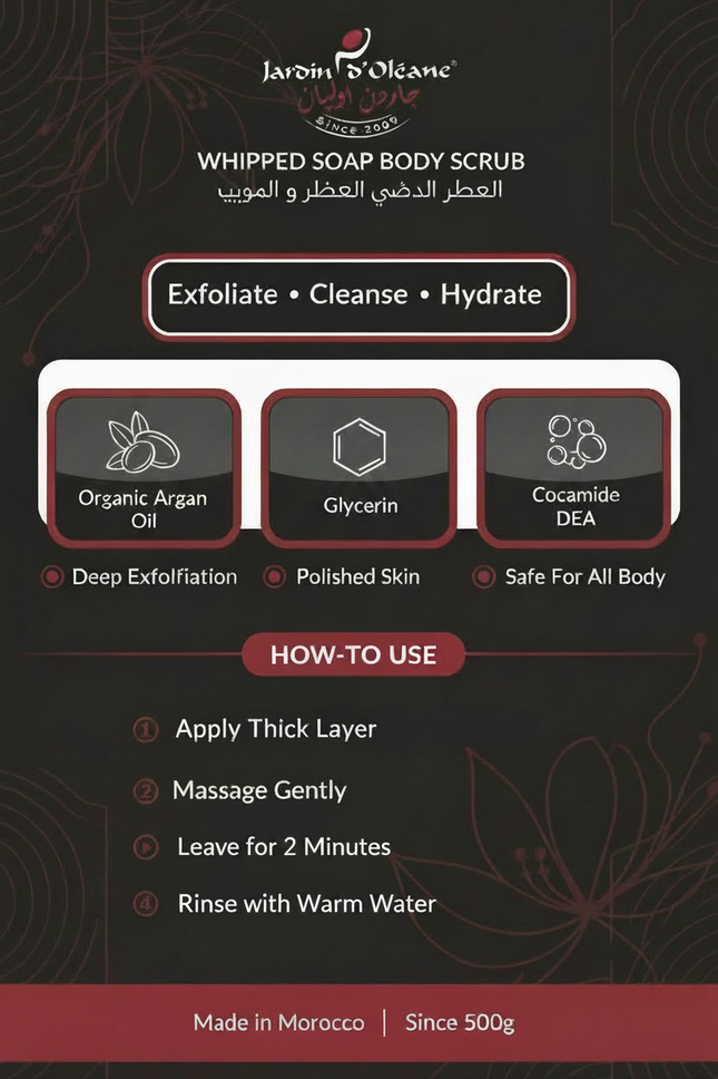 Jardin d'Oléane Aker Fassi Body Scrub branded infographic with ingredients and benefits