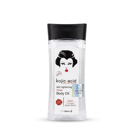 Kojic Acid Secret-White Glow Body Oil Classic 200ml clear bottle on white