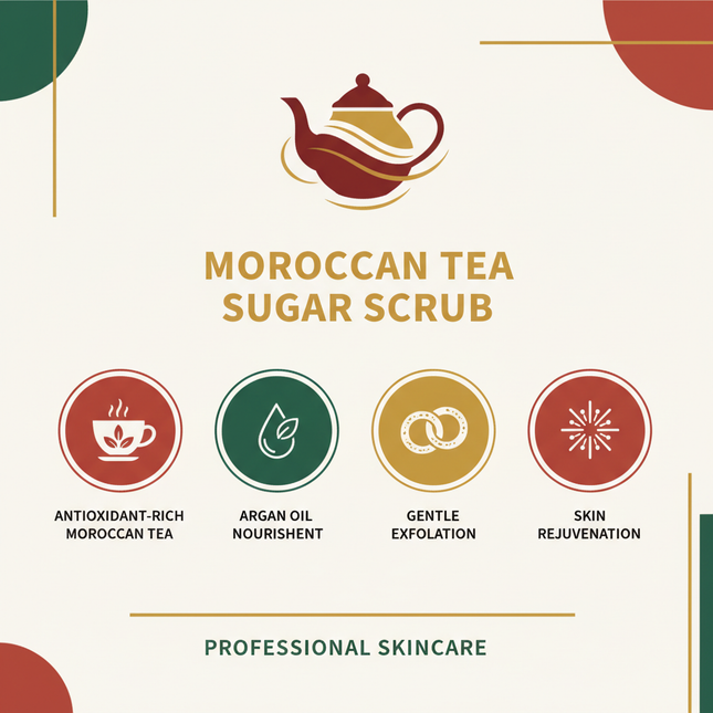 Moroccan tea scrub benefits infographic - antioxidants, argan oil nourishment, exfoliation