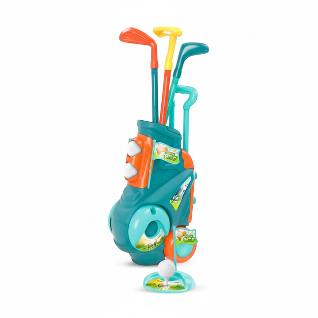 Kids golf cart with colorful golf clubs