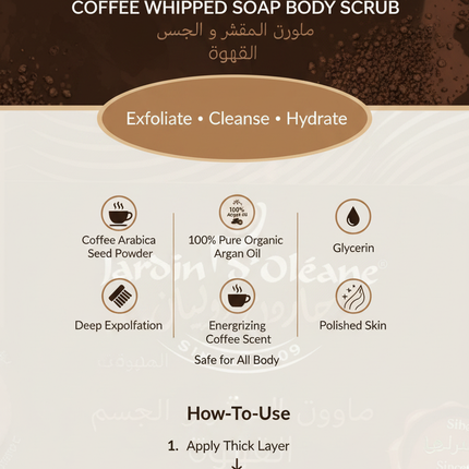 Jardin d'Oléane Coffee Body Scrub branded infographic with ingredients and benefits