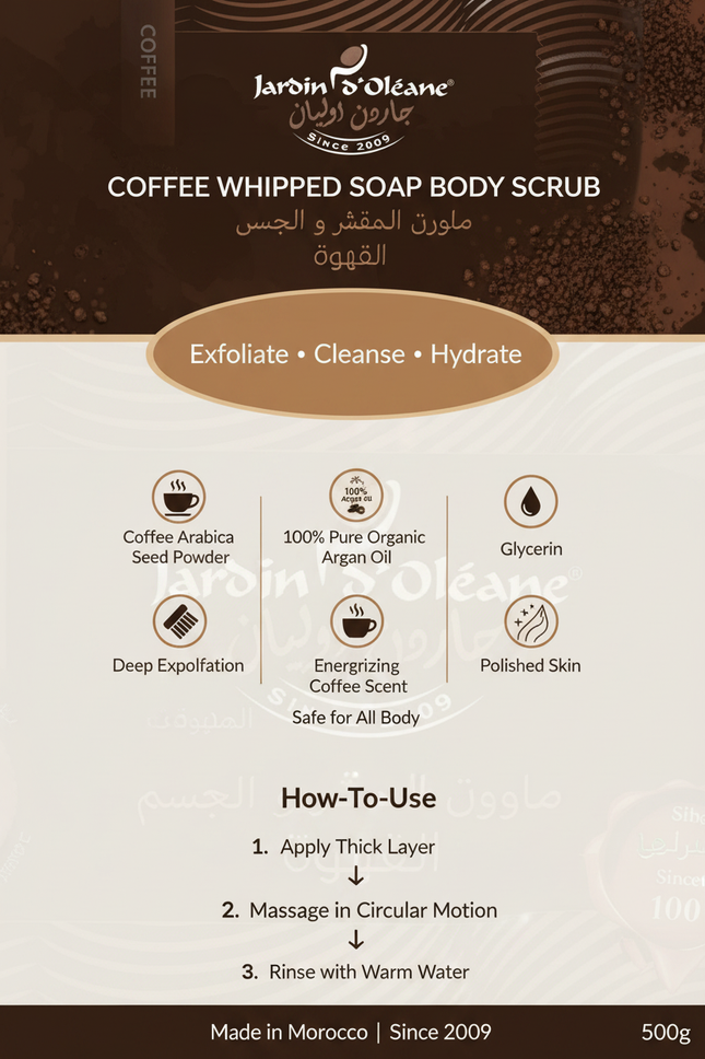 Jardin d'Oléane Coffee Body Scrub branded infographic with ingredients and benefits