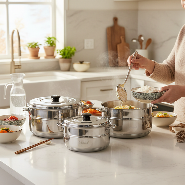Lifestyle scene showing Venice hotpots in use on kitchen counter