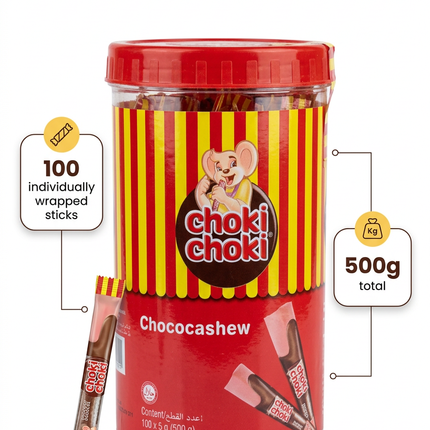 Choki Choki Chococashew tub and single wrapped stick infographic