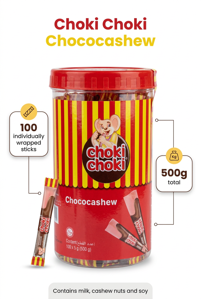Choki Choki Chococashew tub and single wrapped stick infographic