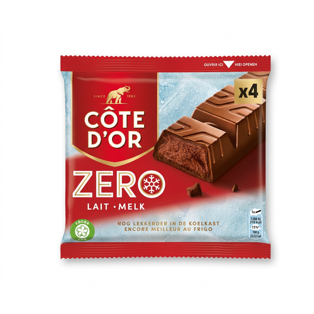 Côte d’Or Zero Milk Chocolate 200g four-bar multipack on white background