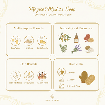 Magical Mixture Soap benefits - Natural oils and botanical ingredients infographic