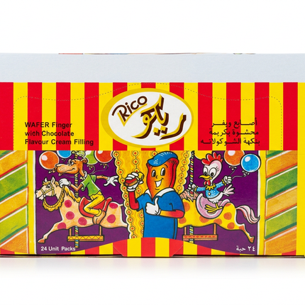 Rico chocolate flavour wafer fingers 24-pack box on white background