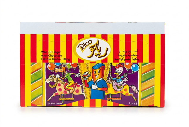 Rico chocolate flavour wafer fingers 24-pack box on white background
