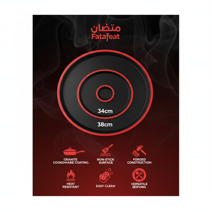 Fatafeat tray set sizes infographic - 30cm, 34cm, 38cm with features