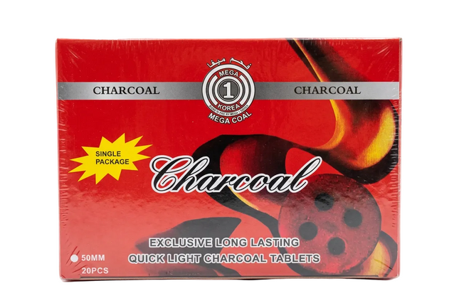 Mega Coal charcoal tablets 50mm 20-piece red box on white background