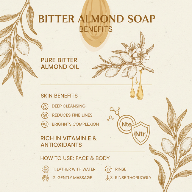Bitter Almond soap benefits - Vitamin E and anti-aging properties infographic