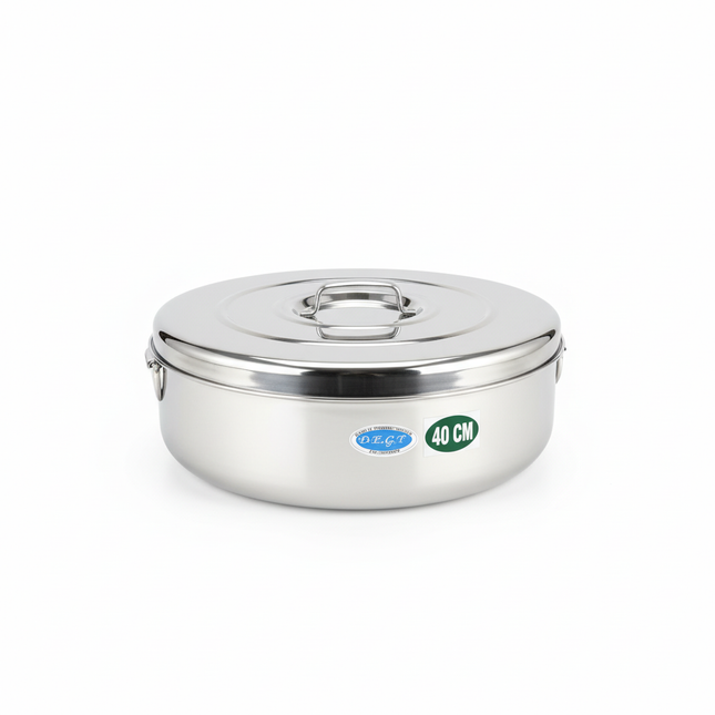 40cm stainless steel serving bowl with chrome lid and mirror finish
