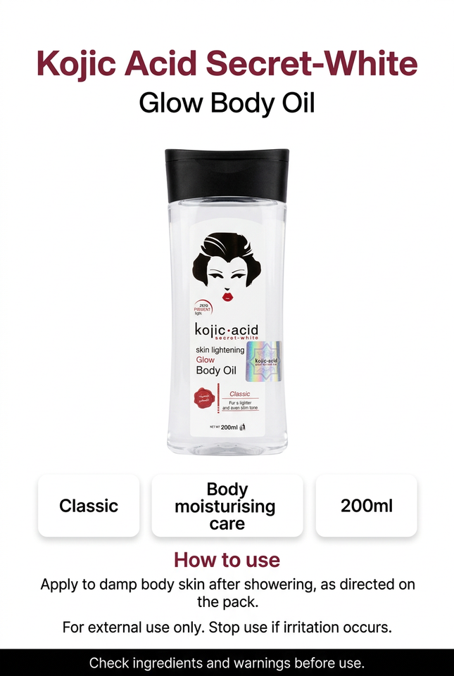Kojic Acid Classic body oil features and use reminders