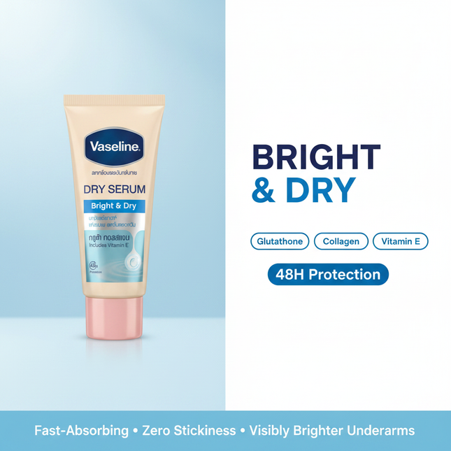 Vaseline Dry Serum Bright and Dry split screen ingredient ad