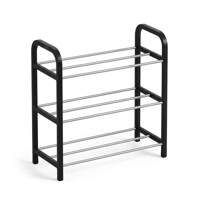 Compact three-tier shoe rack with black side frames and silver rails on a white background