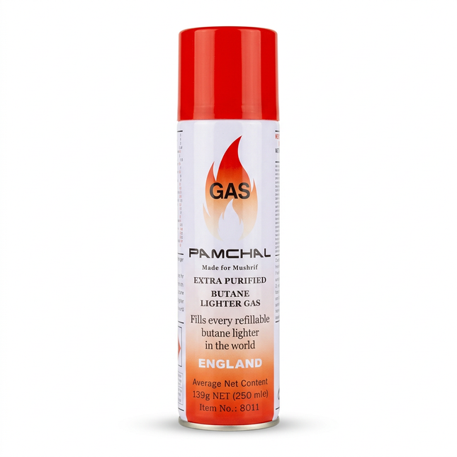 Pamchal butane lighter gas refill can with red cap on white background