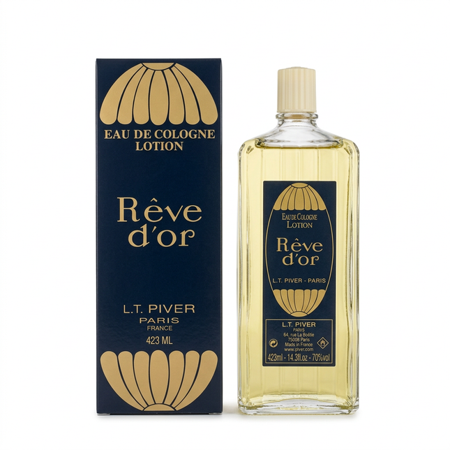 L.T. Piver Rêve d’Or Eau de Cologne Lotion 423ml bottle and box on white