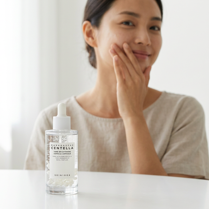 Skincare lifestyle scene featuring SKIN1004 Tone Brightening Ampoule