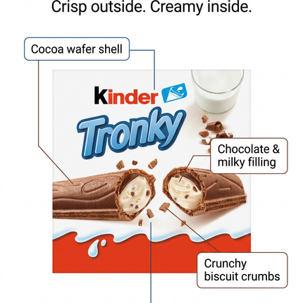 Kinder Tronky infographic showing cocoa wafer, creamy filling and biscuit crumbs