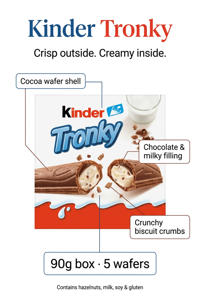 Kinder Tronky infographic showing cocoa wafer, creamy filling and biscuit crumbs
