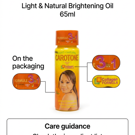 Carotone Brightening Oil 65ml packaging highlights and care guidance