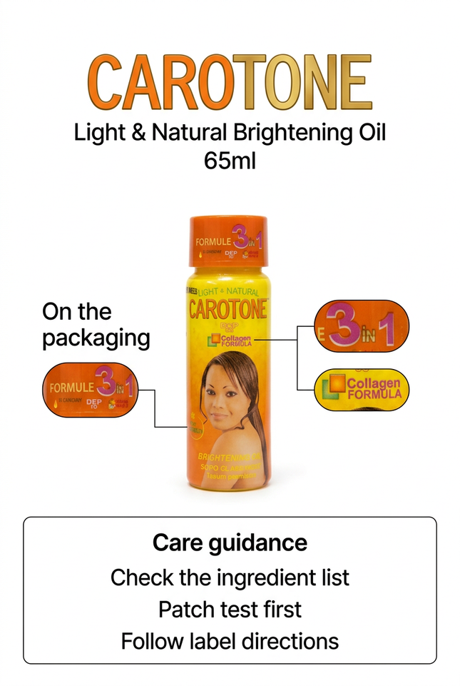 Carotone Brightening Oil 65ml packaging highlights and care guidance