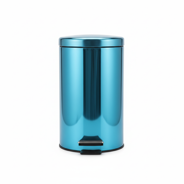 Metallic blue chrome pedal bin on white background
