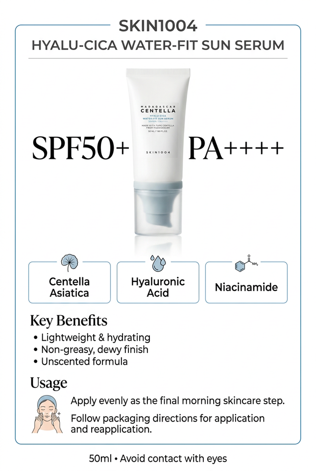 SKIN1004 Hyalu-Cica Sun Serum SPF50+ PA++++ formula and usage infographic